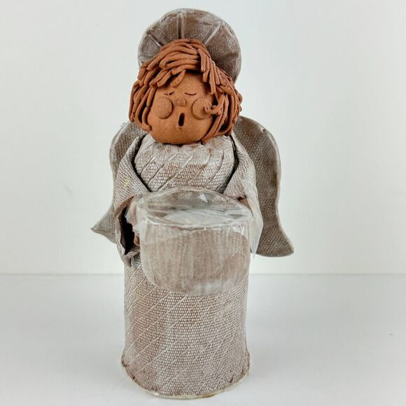 vintage clay pottery candle tealight holder angel choir folkart sculpture figure - Picture 14 of 15